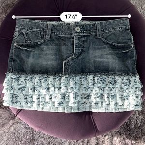 Adorable denim guess skirt with flowery ruffles on bottom